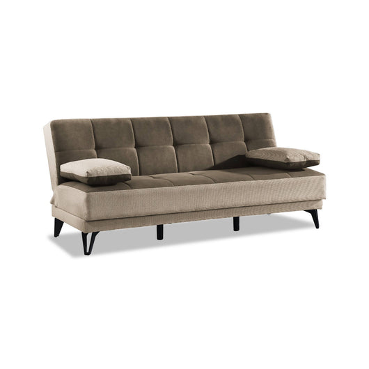 Divano letto Aborigeni, Divano letto a 3 posti con piedini in metallo nero , SofÒ  da soggiorno in tessuto imbottito con apertura click-clack, 190x87h97 cm, Grigio E Marrone
