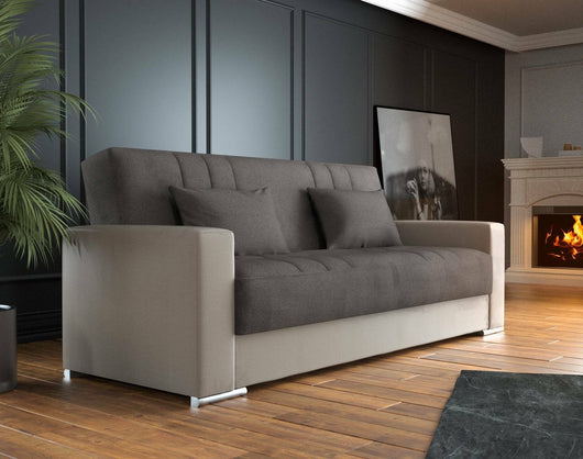 Divano letto Arix, Divano letto contenitore a 3 posti in ecopelle e tessuto, SofÒ  da soggiorno con apertura click-clack e 2 cuscini inclusi, 230 x96h101 cm, Beige e Grigio
