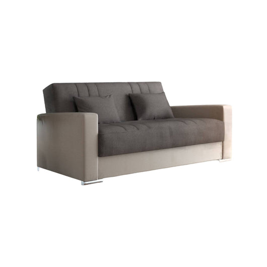 Divano letto Arix, Divano letto contenitore a 3 posti in ecopelle e tessuto, SofÒ  da soggiorno con apertura click-clack e 2 cuscini inclusi, 230 x96h101 cm, Beige e Grigio
