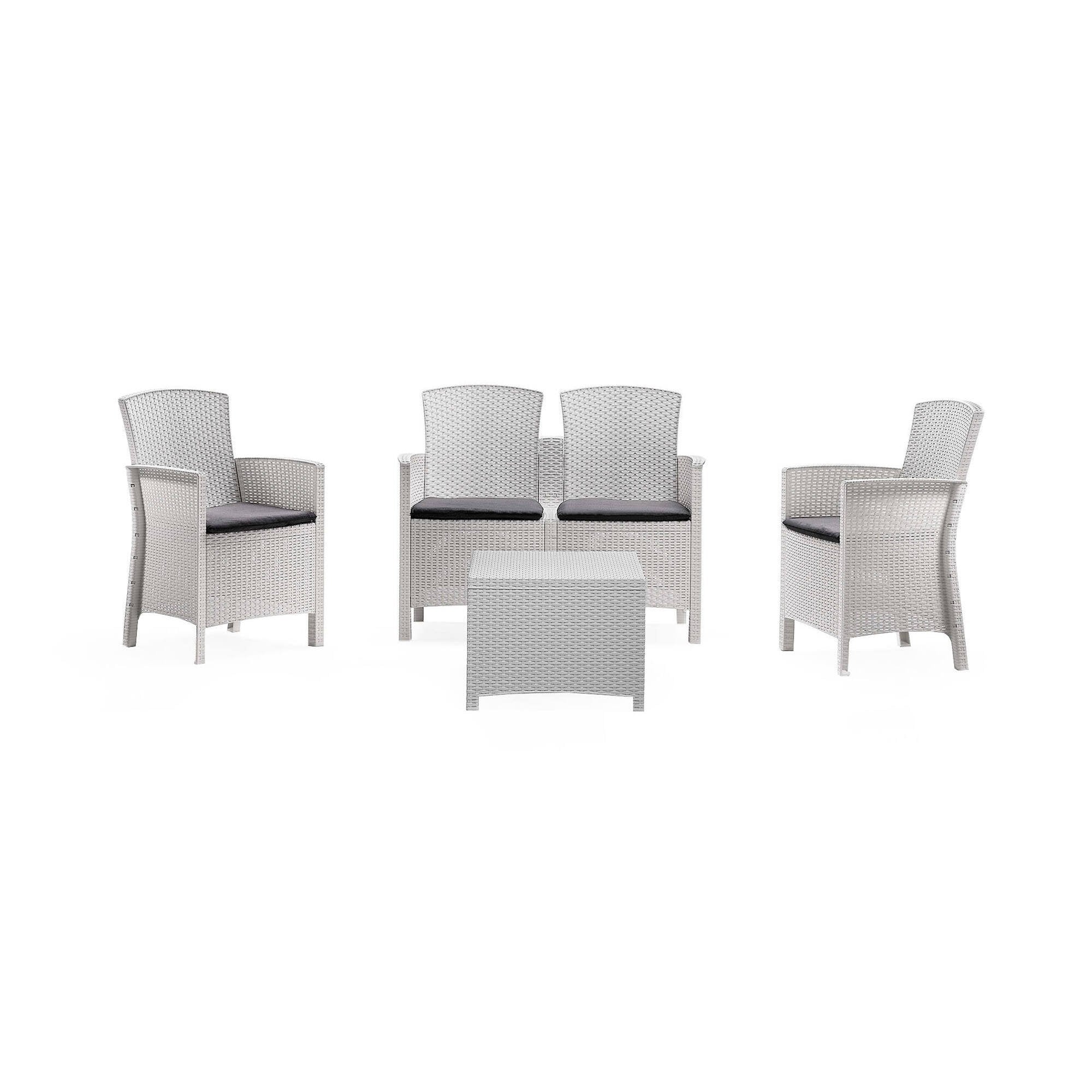 Salottino da esterno Asiak, Set da giardino con cuscini, Salottino  effetto rattan, 100% Made in Italy colore Bianco