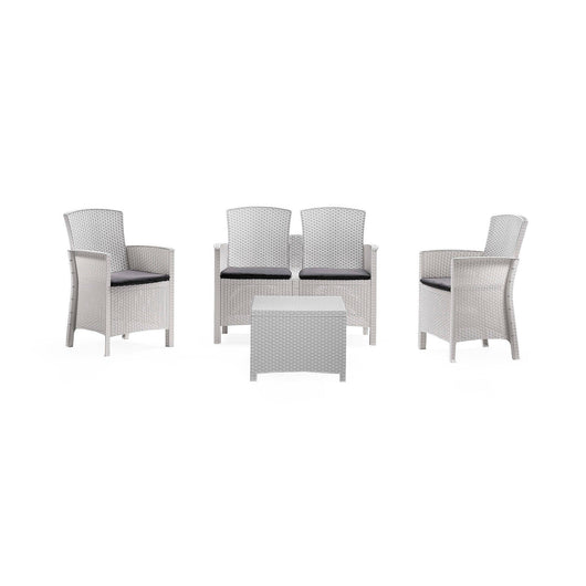 Salottino da esterno Asiak, Set da giardino con cuscini, Salottino  effetto rattan, 100% Made in Italy colore Bianco
