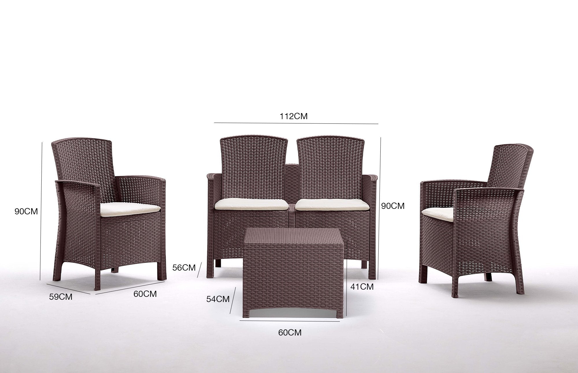 Salottino da esterno Asiak, Set da giardino con cuscini, Salottino  effetto rattan, 100% Made in Italy colore Marrone