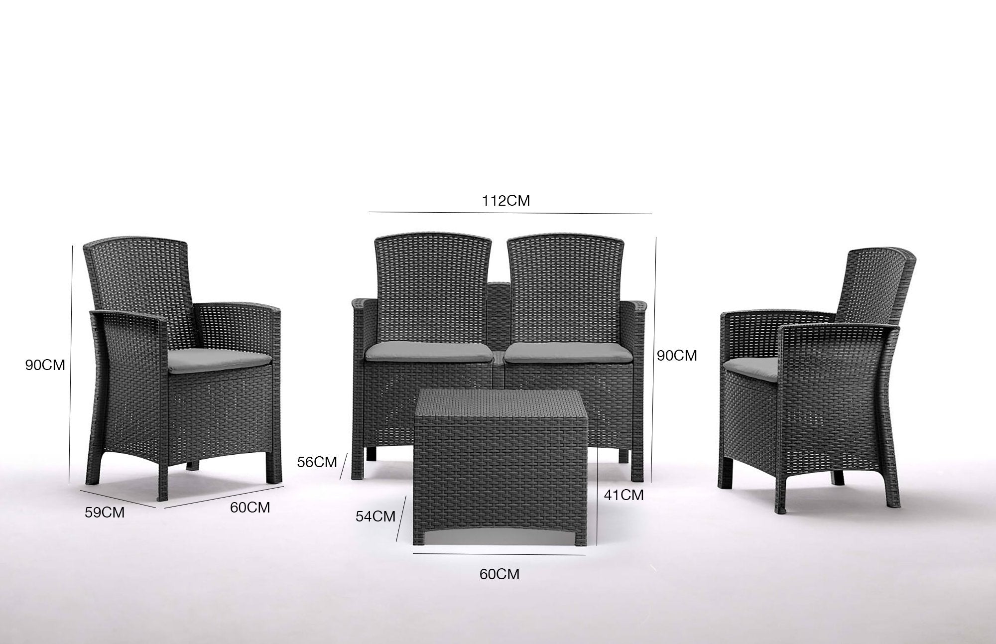 Salottino da esterno Asiak, Set da giardino con cuscini, Salottino  effetto rattan, 100% Made in Italy, Antracite