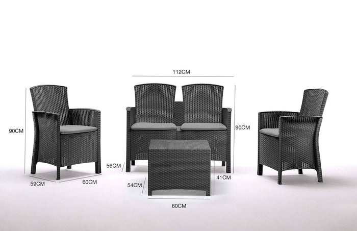 Salottino da esterno Asiak, Set da giardino con cuscini, Salottino  effetto rattan, 100% Made in Italy, Antracite