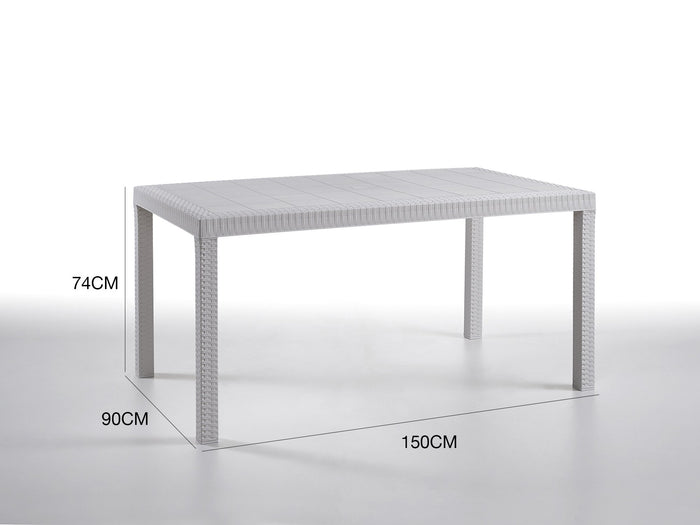 Tavolo da esterno Adila, Tavolo rettangolare da giardino, Tavolo da giardino multiuso effetto rattan, 100% Made in Italy, Cm 150x90h74, Bianco