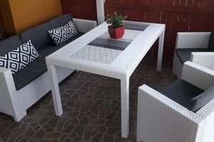 Tavolo da esterno Adila, Tavolo rettangolare da giardino, Tavolo da giardino multiuso effetto rattan, 100% Made in Italy, Cm 150x90h74, Bianco