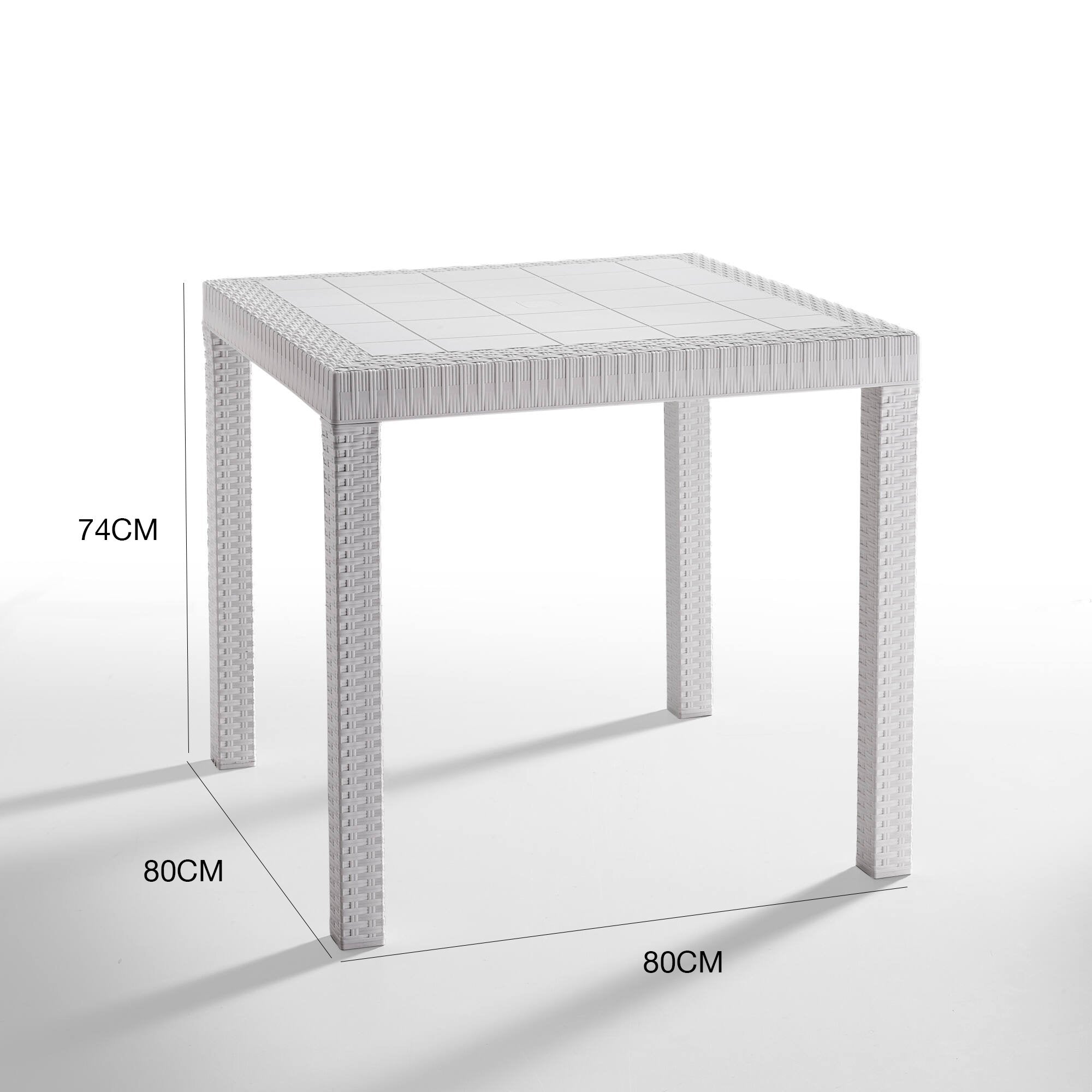 Tavolo da esterno Acqua, Tavolo quadrato fisso, Tavolo da giardino multiuso effetto rattan, 100% Made in Italy, Cm 80x80h74, Bianco
