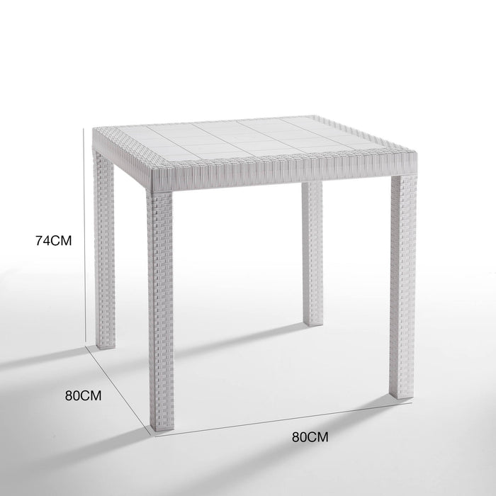Tavolo da esterno Acqua, Tavolo quadrato fisso, Tavolo da giardino multiuso effetto rattan, 100% Made in Italy, Cm 80x80h74, Bianco