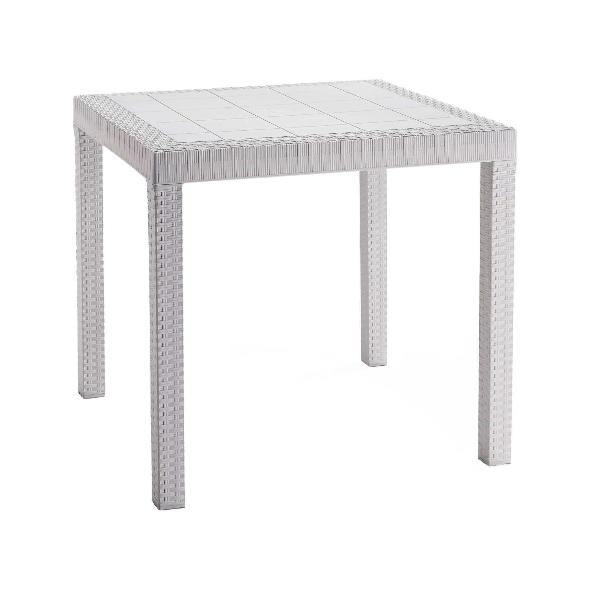 Tavolo da esterno Acqua, Tavolo quadrato fisso, Tavolo da giardino multiuso effetto rattan, 100% Made in Italy, Cm 80x80h74, Bianco