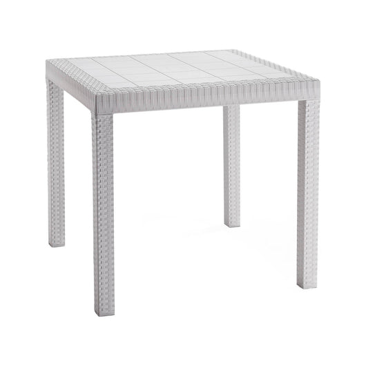 Tavolo da esterno Acqua, Tavolo quadrato fisso, Tavolo da giardino multiuso effetto rattan, 100% Made in Italy, Cm 80x80h74, Bianco
