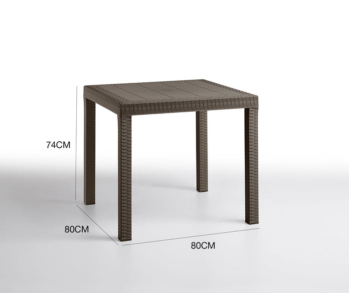 Tavolo da esterno Acqua, Tavolo quadrato fisso, Tavolo da giardino multiuso effetto rattan, 100% Made in Italy, Cm 80x80h74, Marrone