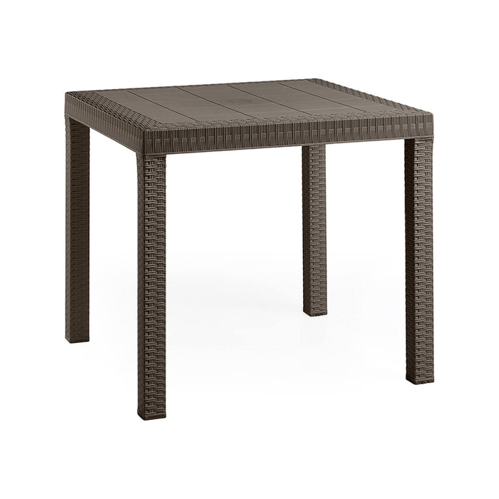 Tavolo da esterno Acqua, Tavolo quadrato fisso, Tavolo da giardino multiuso effetto rattan, 100% Made in Italy, Cm 80x80h74, Marrone