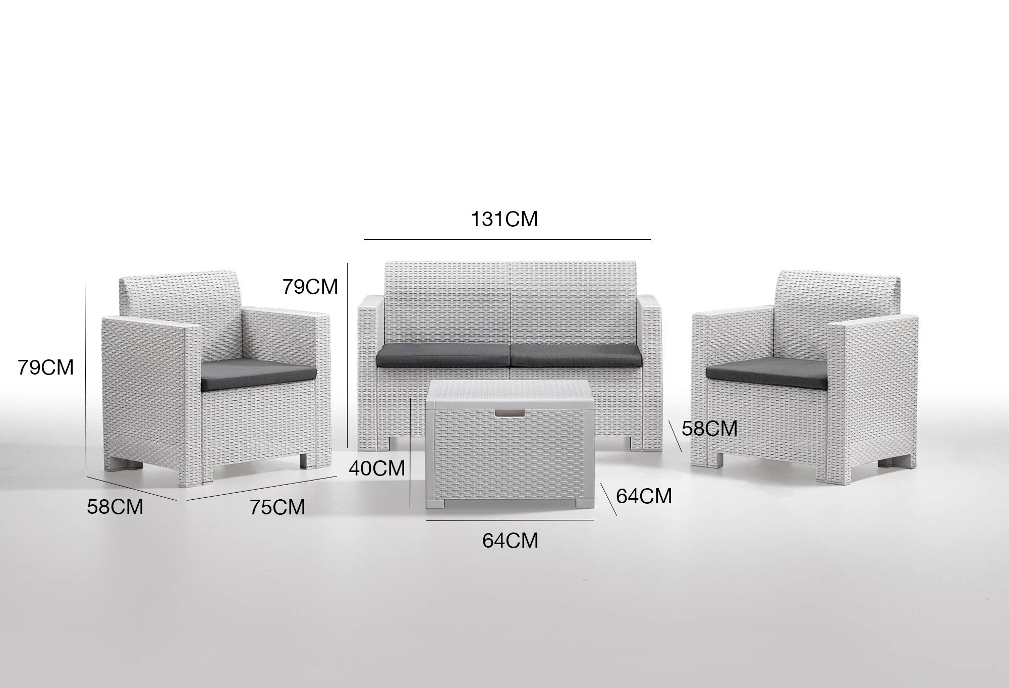 Salottino da esterno Gazania, Set da giardino con cuscini, Salottino  effetto rattan, 100% Made in Italy colore Bianco