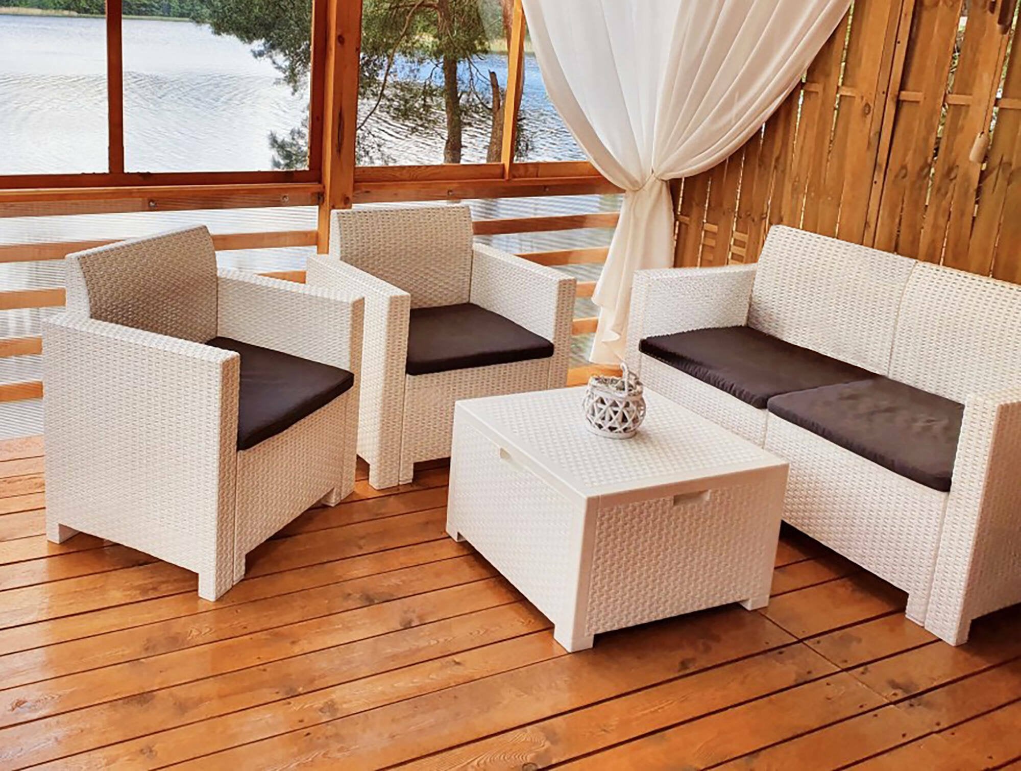 Salottino da esterno Gazania, Set da giardino con cuscini, Salottino  effetto rattan, 100% Made in Italy colore Bianco