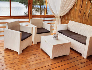 Salottino da esterno Gazania, Set da giardino con cuscini, Salottino  effetto rattan, 100% Made in Italy colore Bianco