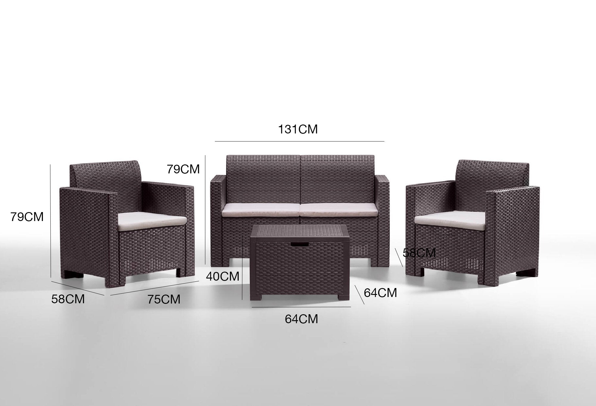 Salottino da esterno Gazania, Set da giardino con cuscini, Salottino effetto rattan, 100% Made in Italy, Marrone