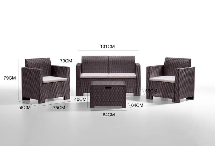 Salottino da esterno Gazania, Set da giardino con cuscini, Salottino effetto rattan, 100% Made in Italy, Marrone