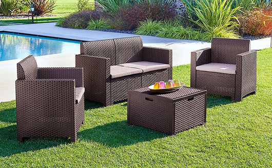 Salottino da esterno Gazania, Set da giardino con cuscini, Salottino effetto rattan, 100% Made in Italy, Marrone