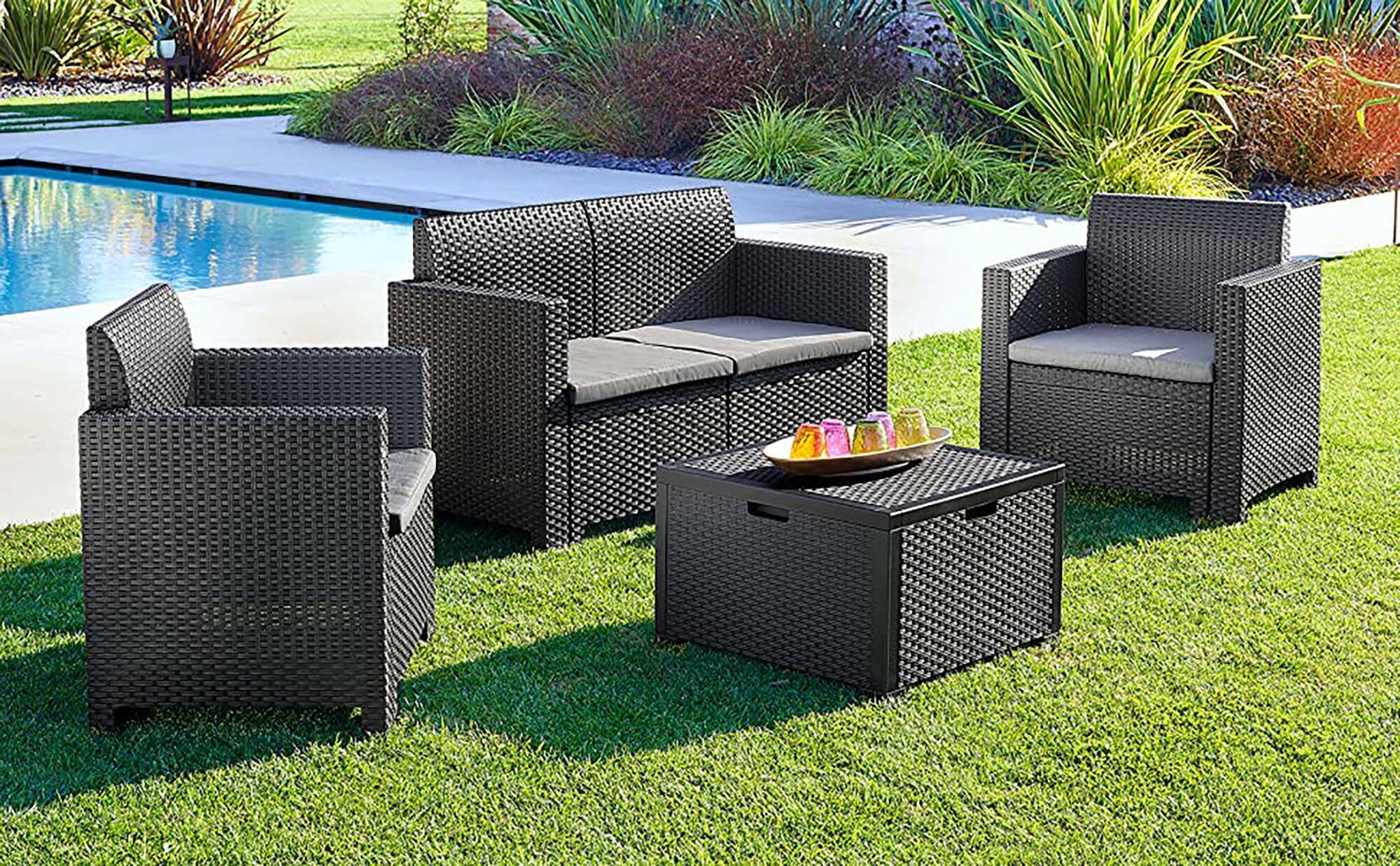 Salottino da esterno Gazania, Set da giardino con cuscini, Salottino  effetto rattan, 100% Made in Italy, Antracite