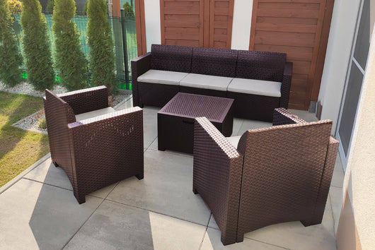 Salottino da esterno Admiral, Set da giardino con cuscini, Salottino  effetto rattan, 100% Made in Italy, Marrone