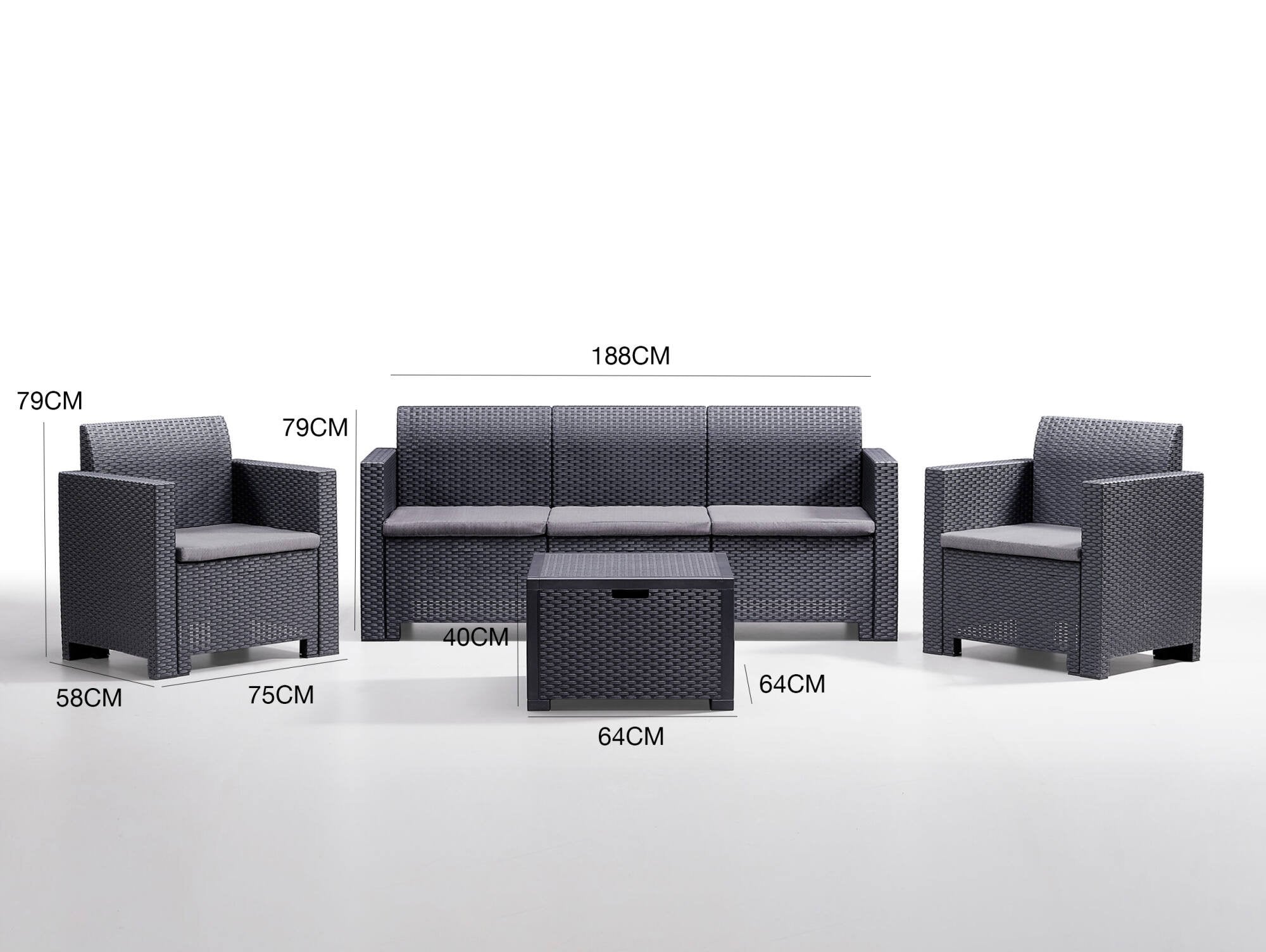 Salottino da esterno Admiral, Set da giardino con cuscini, Salottino  effetto rattan, 100% Made in Italy, Antracite