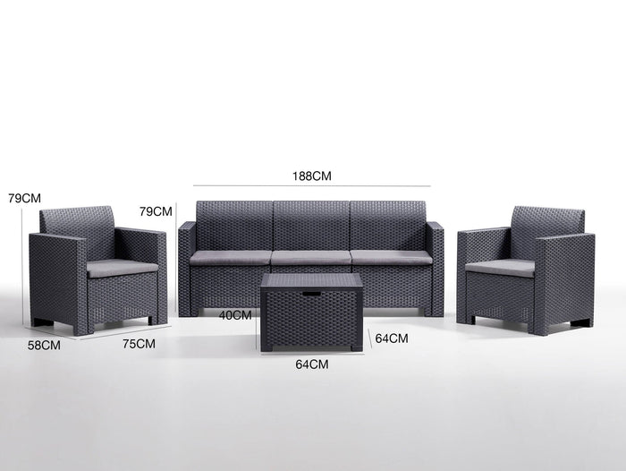 Salottino da esterno Admiral, Set da giardino con cuscini, Salottino  effetto rattan, 100% Made in Italy, Antracite