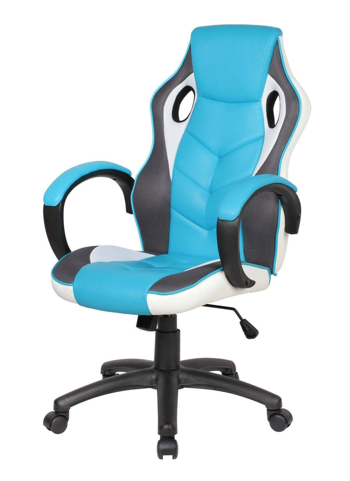 Sedia da gaming Urbana, Poltrona da gaming adulto, Sedia da scrivania, 66x61h104/114 cm, Azzurro e Bianco