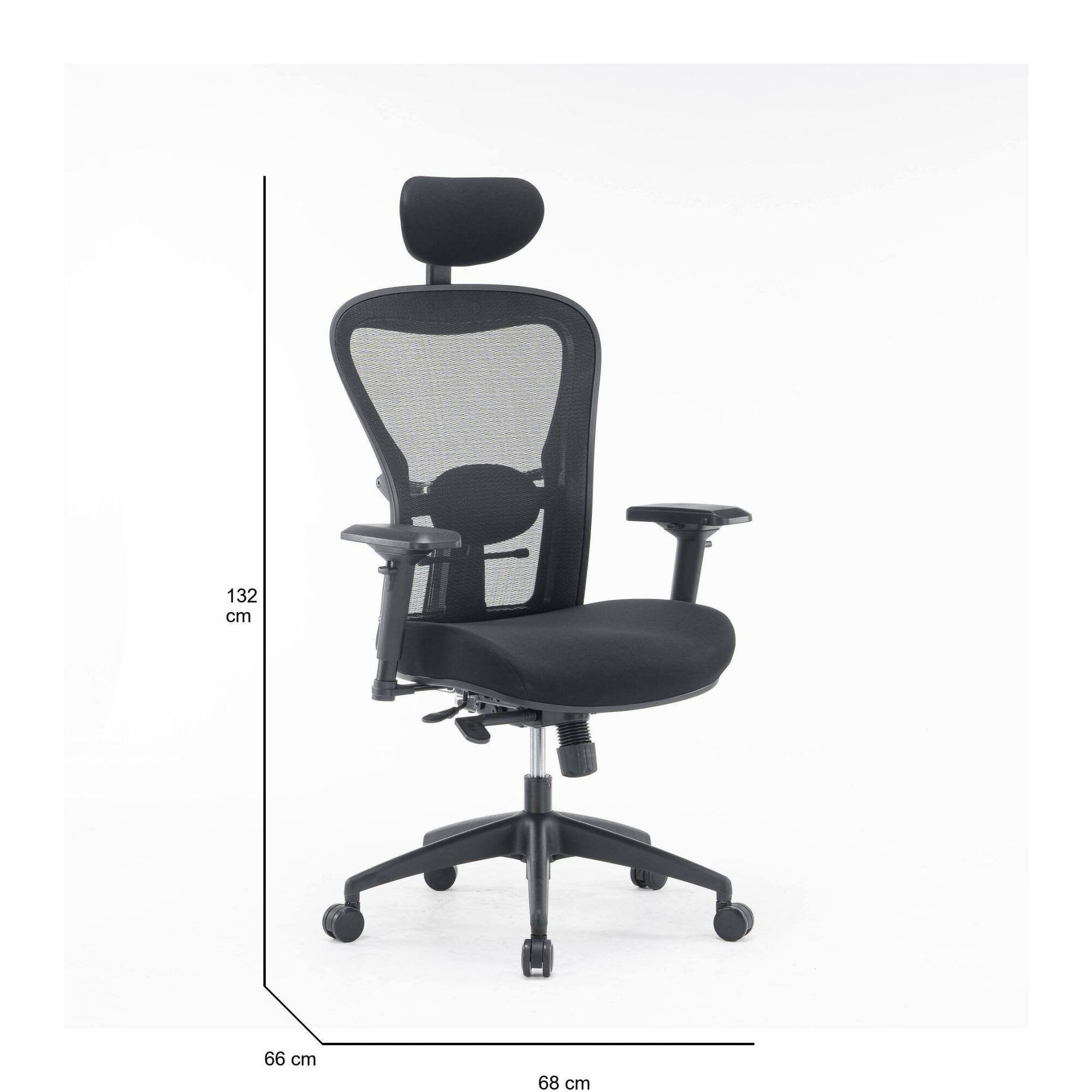 Sedia da ufficio Barbona, Poltrona direzionale a rete con braccioli, Seduta ergonomica da ufficio, 66x68h120/132 cm, Nero