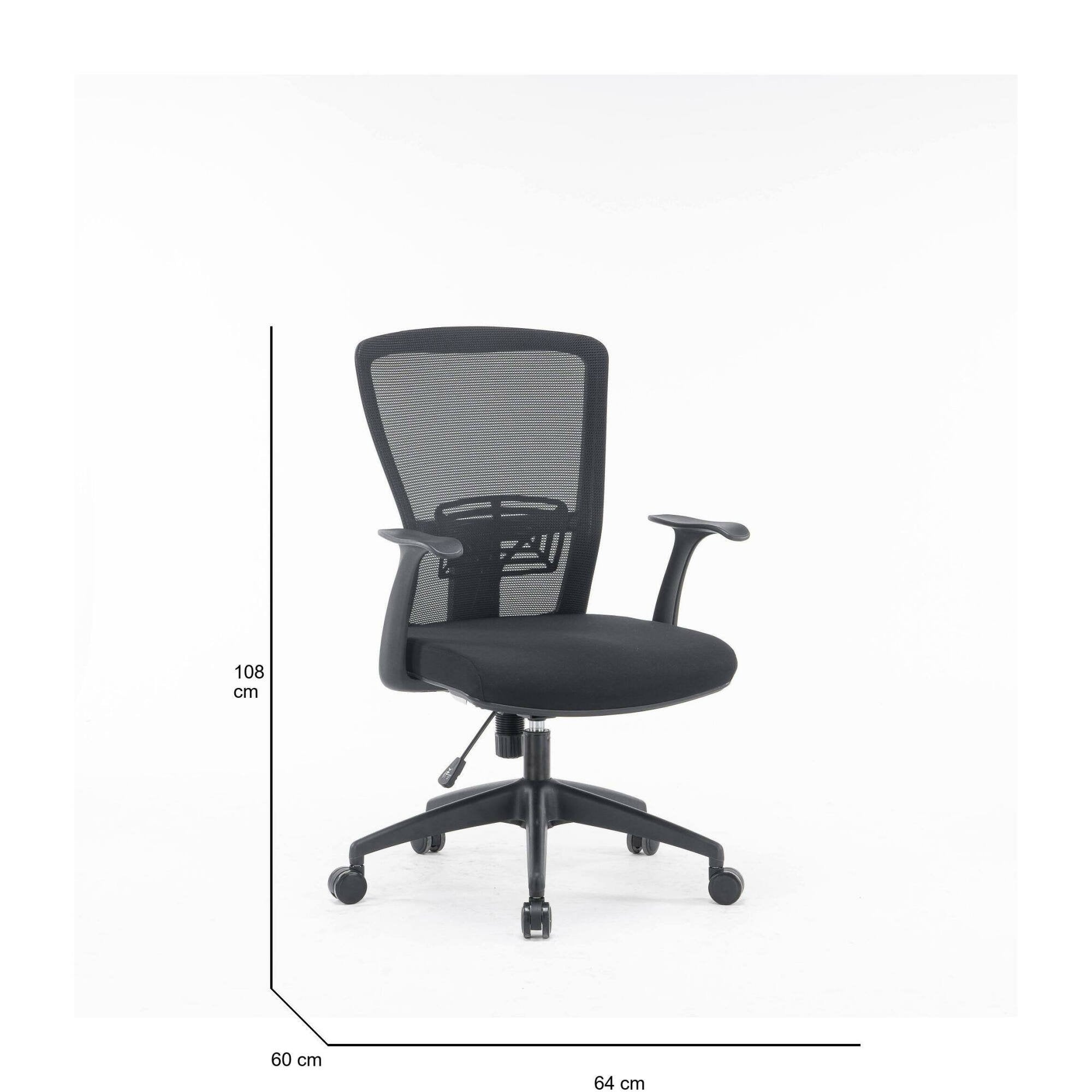 Sedia da ufficio Barzio, Poltrona operativa a rete con braccioli, Seduta ergonomica da ufficio, 60x64h98/108 cm, Nero