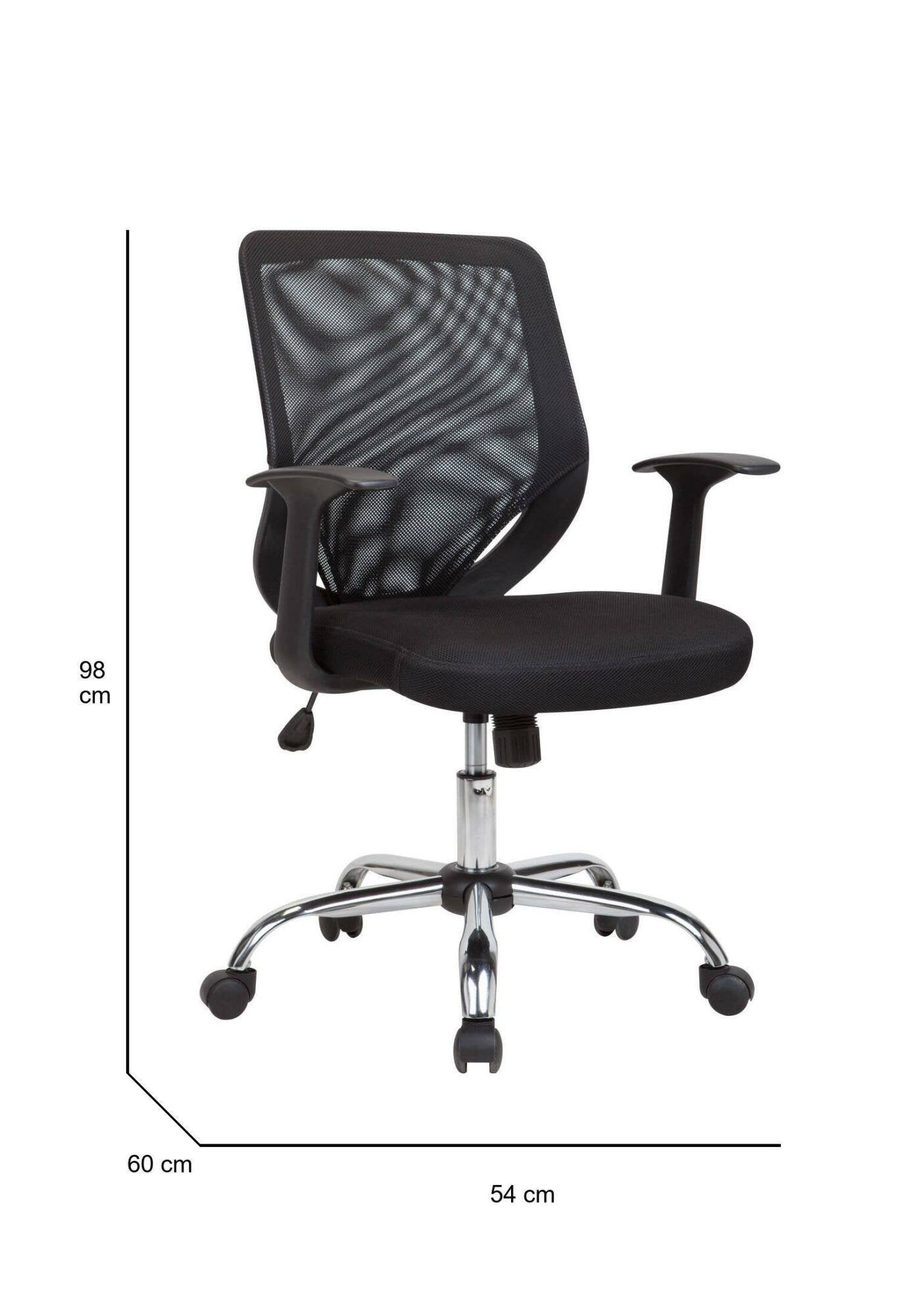 Sedia da ufficio Baradili, Poltrona direzionale a rete con braccioli, Seduta ergonomica da ufficio, 60x54h90/98 cm, Nero
