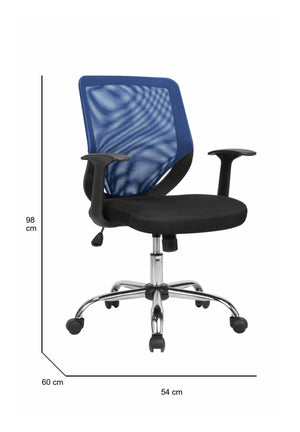 Sedia da ufficio Baradili, Poltrona direzionale a rete con braccioli, Seduta ergonomica da ufficio, 60x54h90/98 cm, Nero e Blu