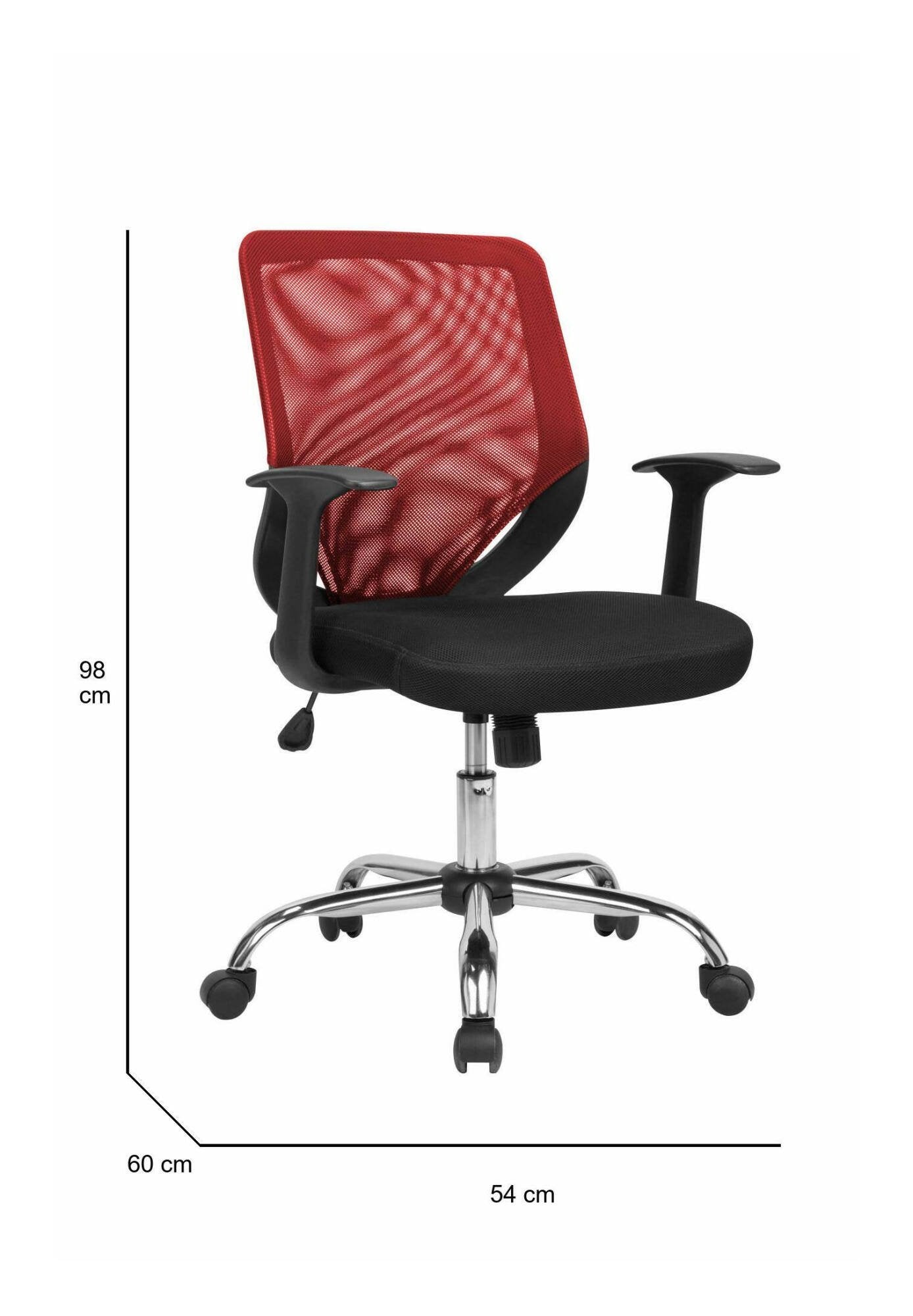 Sedia da ufficio Baradili, Poltrona direzionale a rete con braccioli, Seduta ergonomica da ufficio, 60x54h90/98 cm, Nero e Rosso