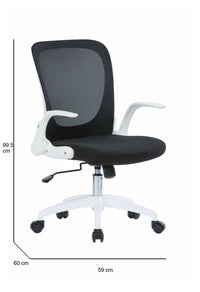 Sedia da ufficio Baschi, Poltrona direzionale a rete con braccioli, Seduta ergonomica con braccioli pieghevoli, 60x59h86/96 cm, Nero e Bianco