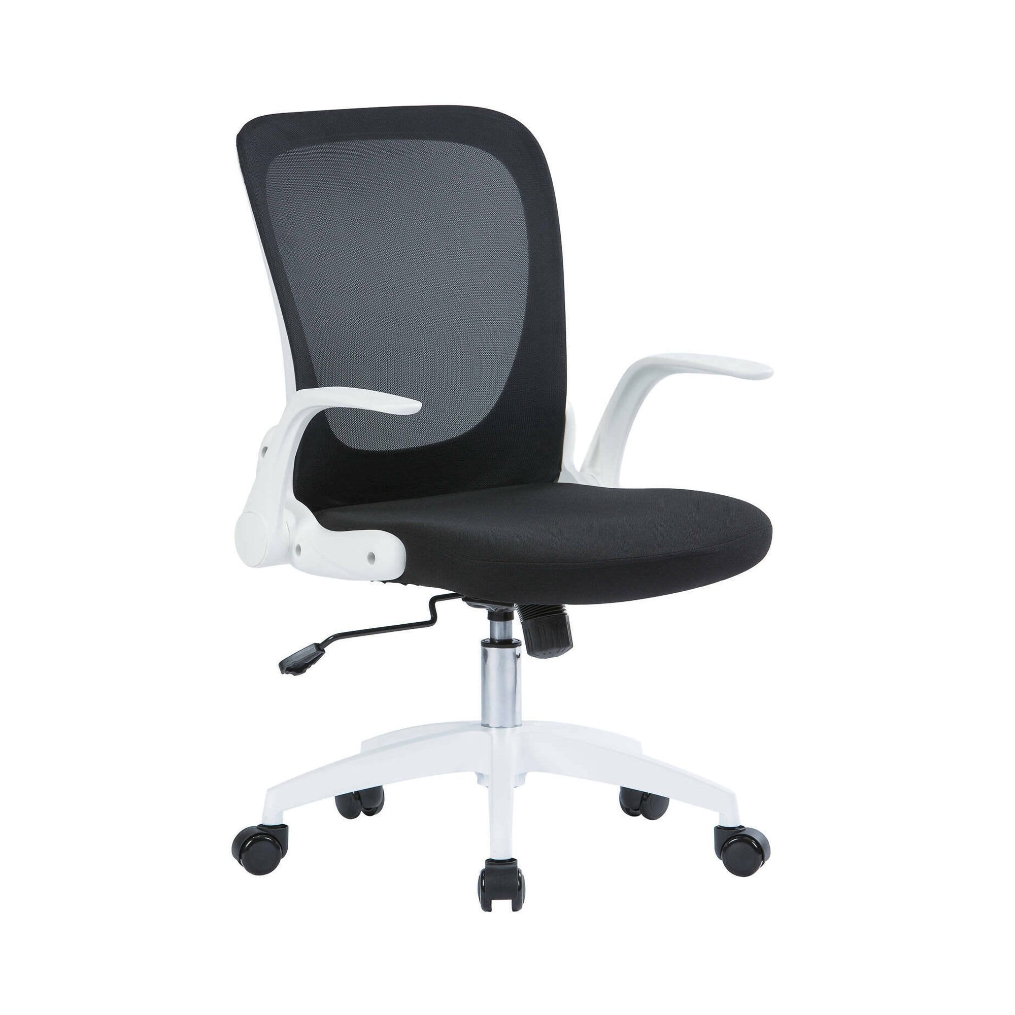 Sedia da ufficio Baschi, Poltrona direzionale a rete con braccioli, Seduta ergonomica con braccioli pieghevoli, 60x59h86/96 cm, Nero e Bianco