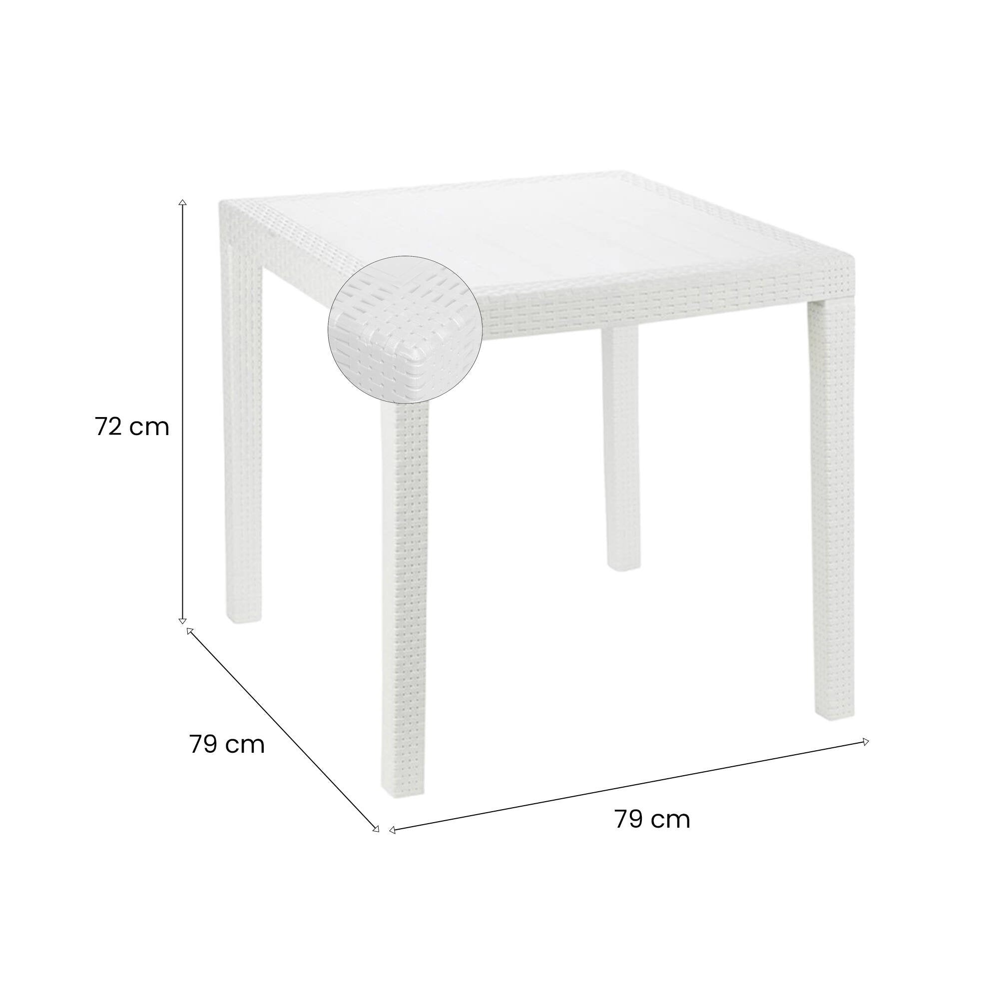 Tavolo da esterno Daanan, Tavolo quadrato da giardino, Tavolino fisso effetto rattan, 100% Made in Italy, Cm 80x80x72, Bianco