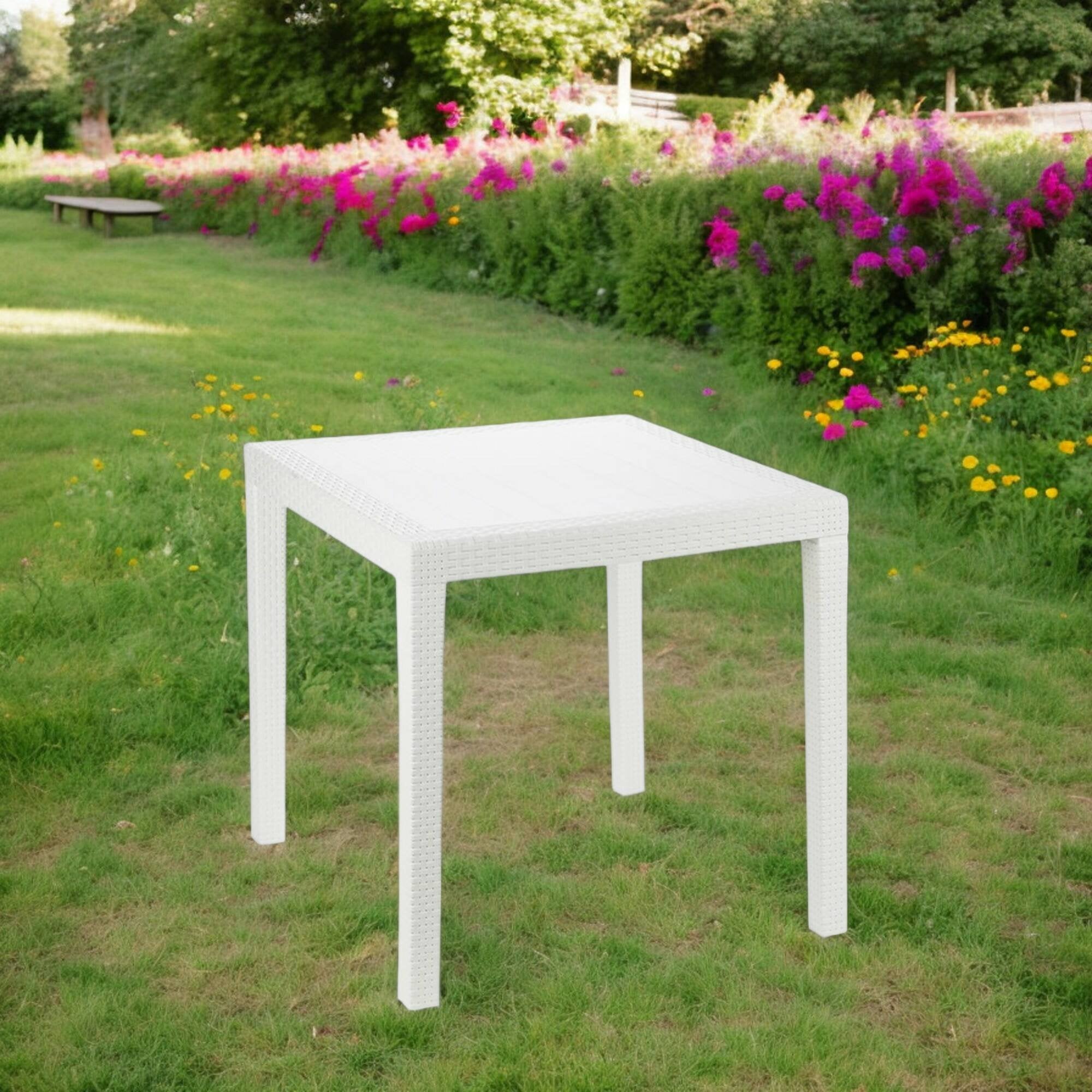 Tavolo da esterno Daanan, Tavolo quadrato da giardino, Tavolino fisso effetto rattan, 100% Made in Italy, Cm 80x80x72, Bianco