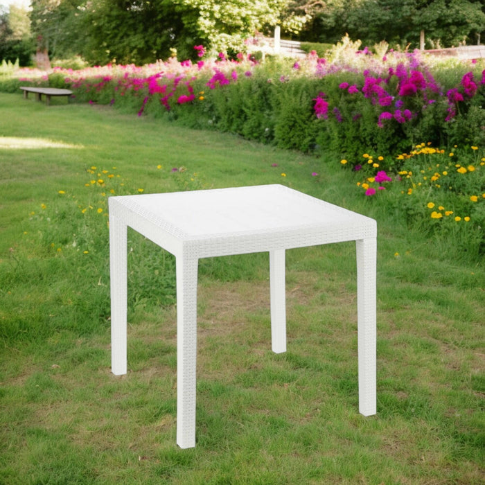 Tavolo da esterno Daanan, Tavolo quadrato da giardino, Tavolino fisso effetto rattan, 100% Made in Italy, Cm 80x80x72, Bianco