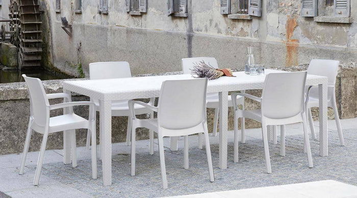 Tavolo da esterno Dmains, Tavolo rettangolare allungabile da pranzo, Tavolo da giardino estensibile multiuso, 100% Made in Italy, Cm 150x90h72, Bianco