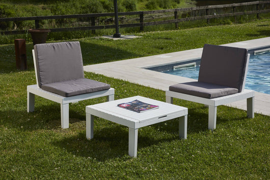 Salottino da esterno Aixela, Set da giardino con 2 sedute con schienale ed 1 modulo multifunzione, Salottino con cuscini, 100% Made in Italy, Bianco