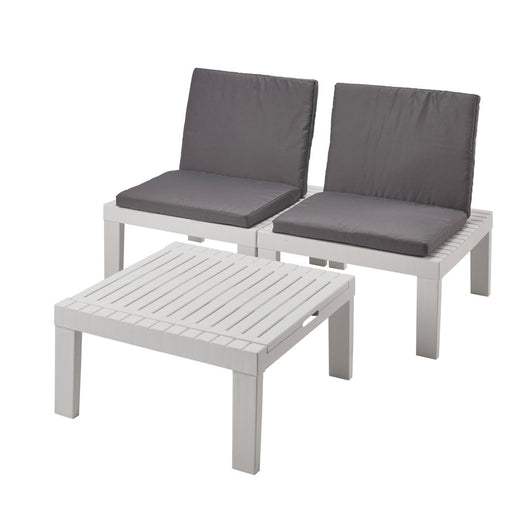 Salottino da esterno Aixela, Set da giardino con 2 sedute con schienale ed 1 modulo multifunzione, Salottino con cuscini, 100% Made in Italy, Bianco