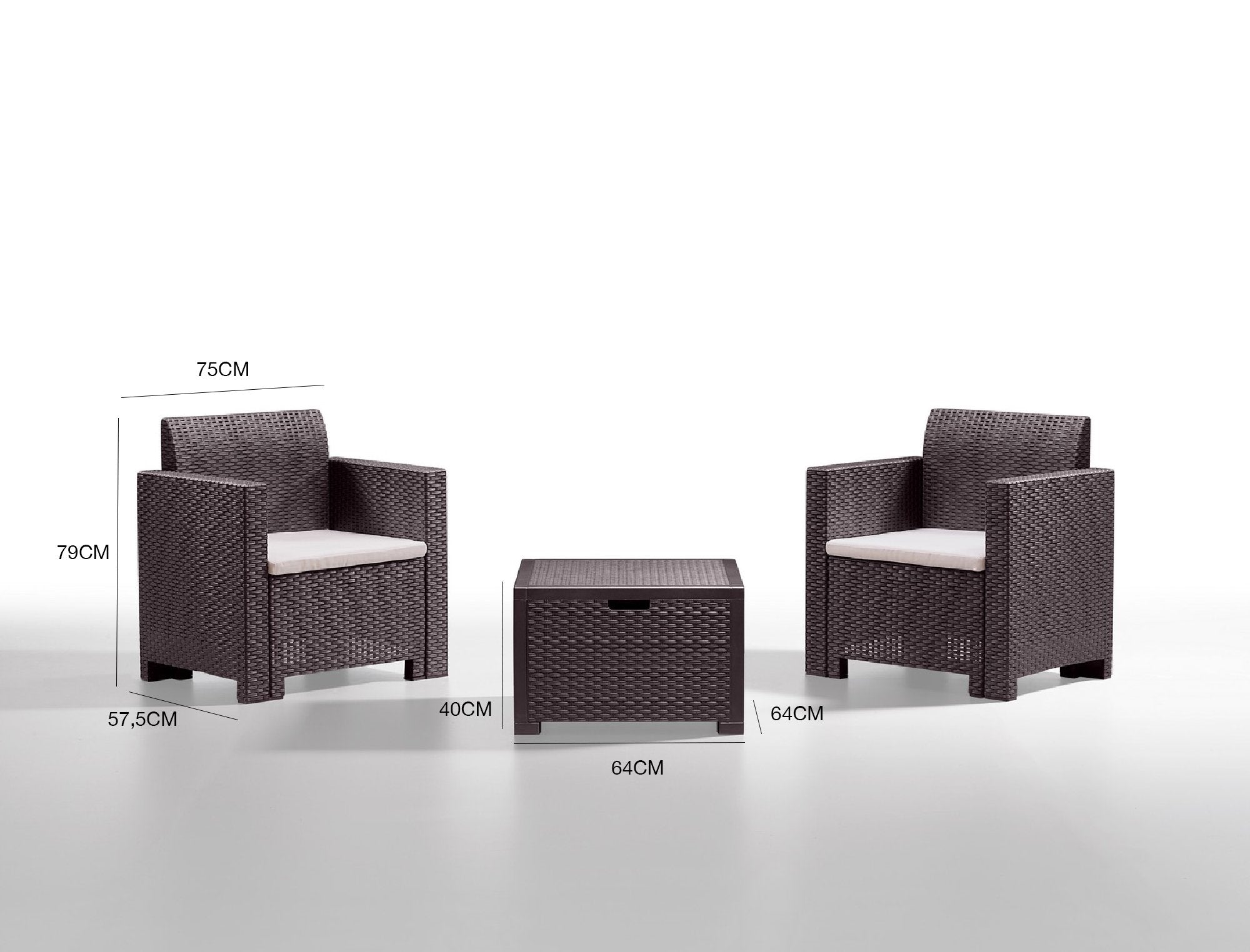 Salottino da esterno Apis, Set da giardino con cuscini, Salottino  effetto rattan, 100% Made in Italy, Marrone