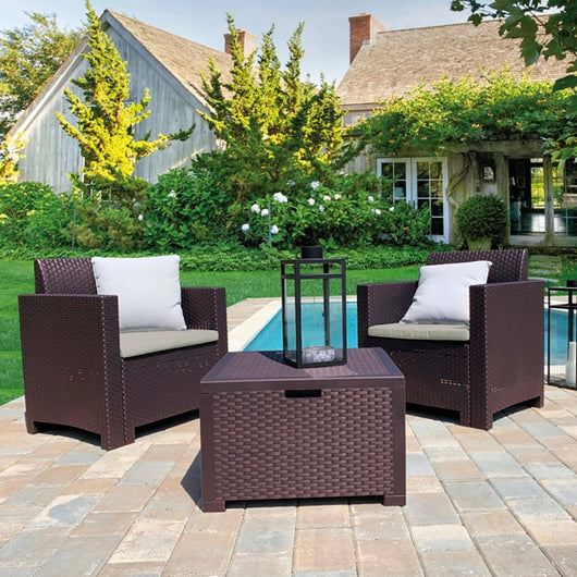 Salottino da esterno Apis, Set da giardino con cuscini, Salottino  effetto rattan, 100% Made in Italy, Marrone