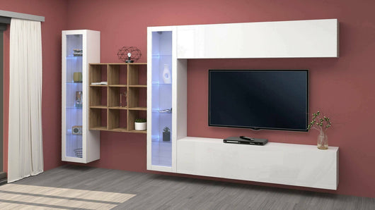 Parete attrezzata Avella, Set salotto porta TV a 4 ante, Mobile soggiorno multiuso con vetrina e luce LED, 100% Made in Italy, cm 350x30h180, Bianco lucido