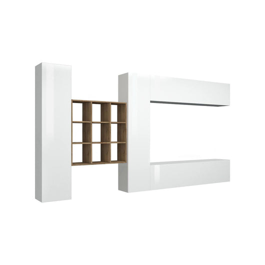 Parete attrezzata Agira, Set salotto porta TV a 4 ante, Mobile soggiorno multiuso, 100% Made in Italy, cm 350x30h180, Bianco lucido