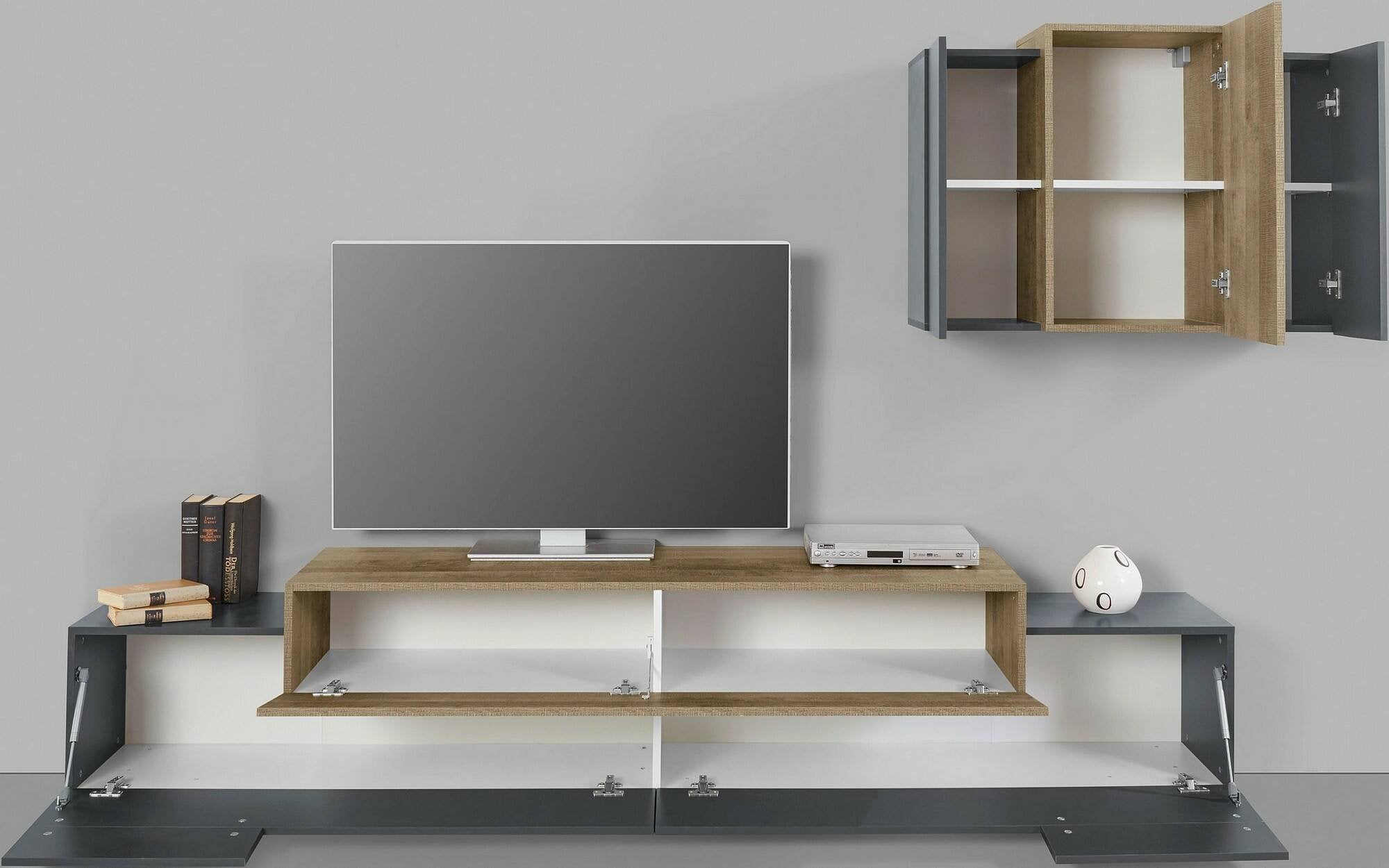 Parete attrezzata Alaskino, Set salotto porta TV, Mobile soggiorno multiuso, 100% Made in Italy, cm 240x45h180, Antracite e Acero