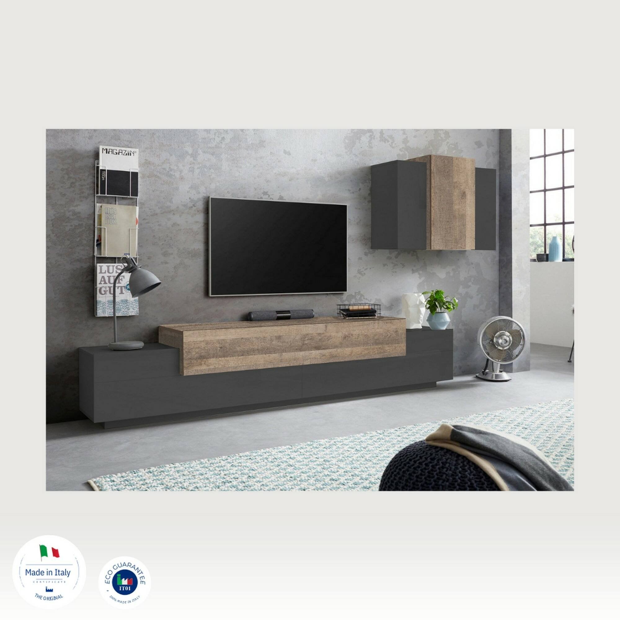 Parete attrezzata Alaskino, Set salotto porta TV, Mobile soggiorno multiuso, 100% Made in Italy, cm 240x45h180, Antracite e Acero