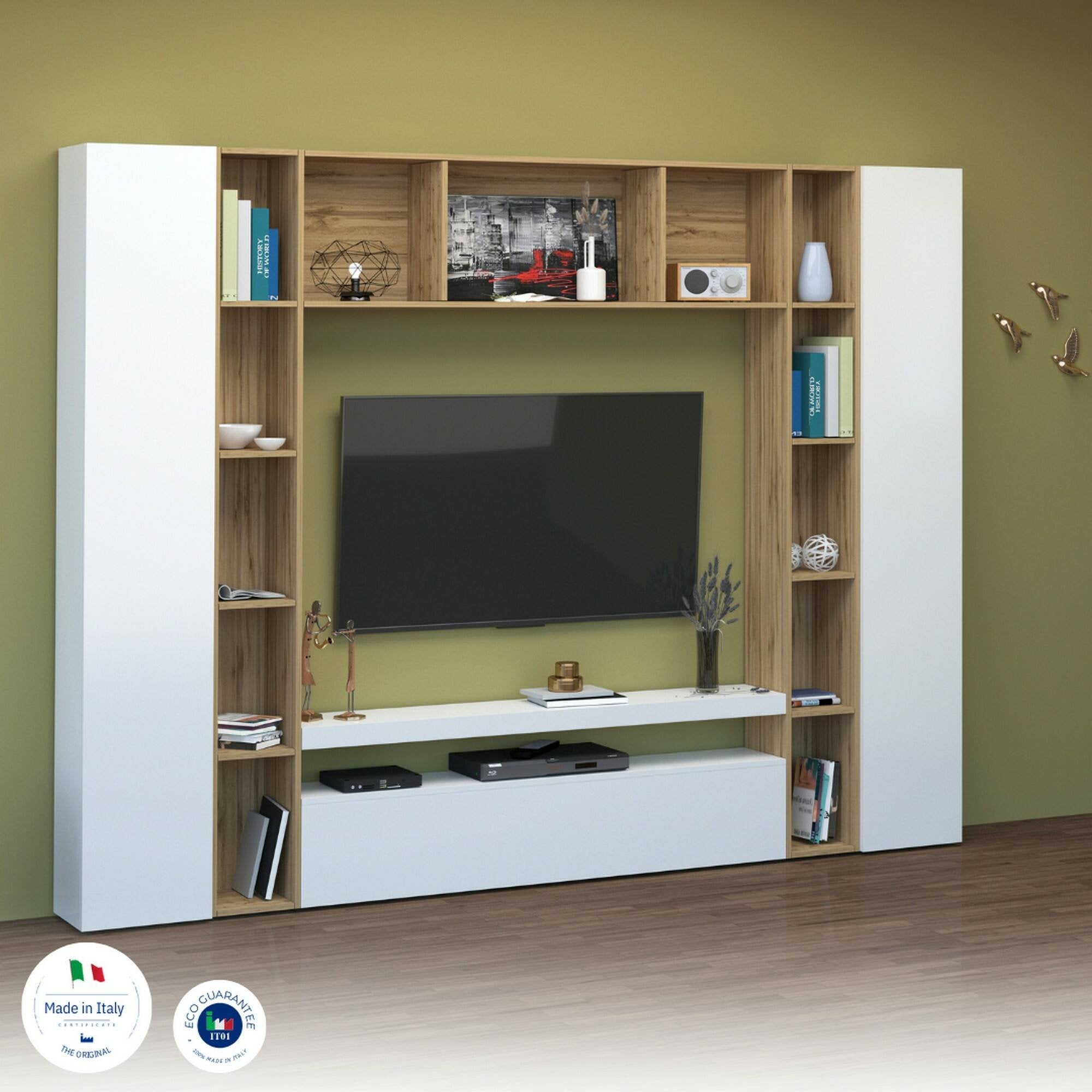 Parete attrezzata Austis, Set salotto porta TV a 3 ante, Mobile soggiorno multiuso, 100% Made in Italy, cm 270x35h210, Bianco lucido e Rovere