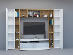 Parete attrezzata Austis, Set salotto porta TV a 3 ante, Mobile soggiorno multiuso, 100% Made in Italy, cm 270x35h210, Bianco lucido e Rovere