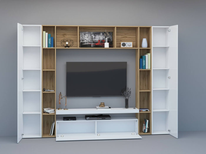 Parete attrezzata Austis, Set salotto porta TV a 3 ante, Mobile soggiorno multiuso, 100% Made in Italy, cm 270x35h210, Bianco lucido e Rovere