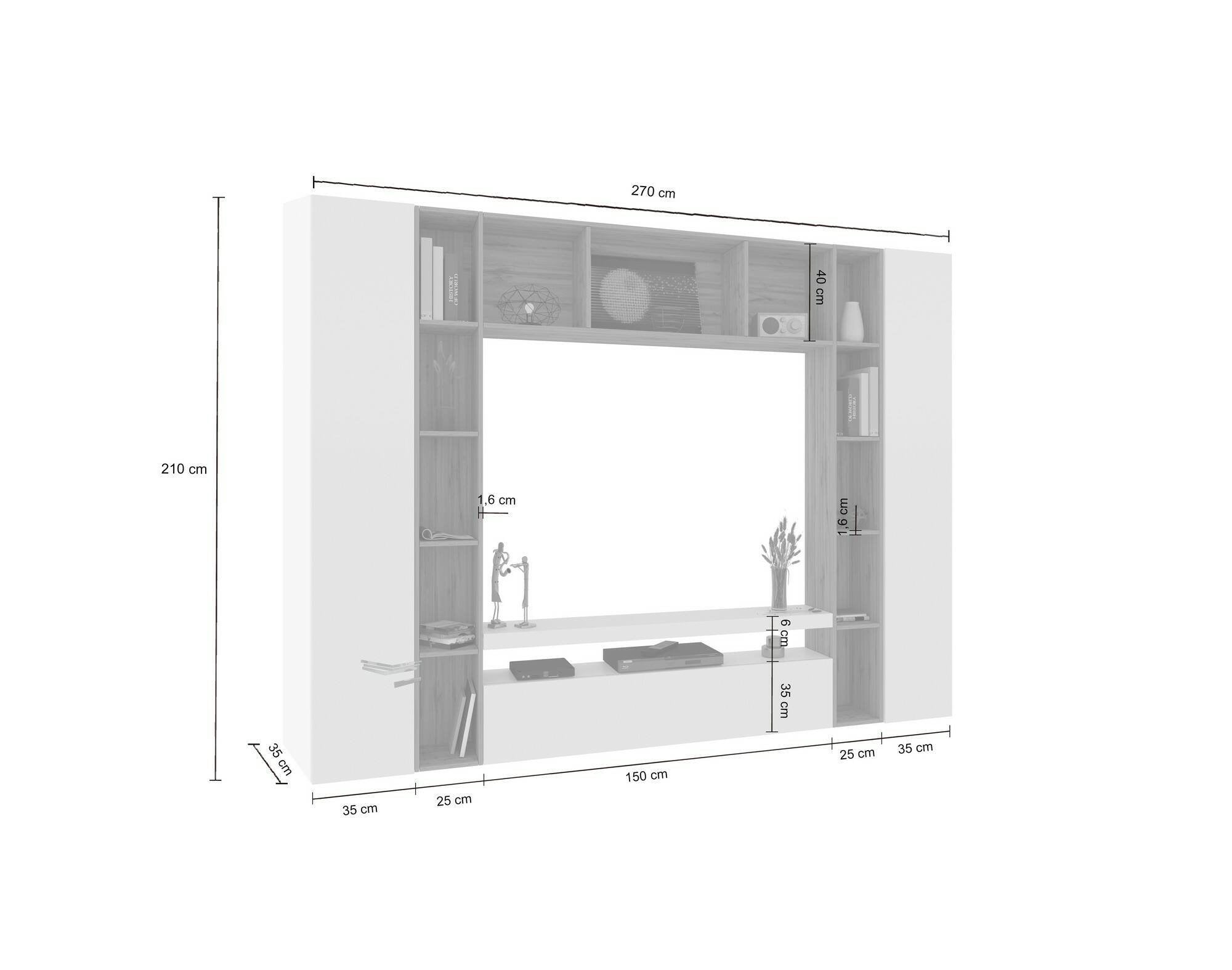 Parete attrezzata Austis, Set salotto porta TV a 3 ante, Mobile soggiorno multiuso, 100% Made in Italy, cm 270x35h210, Bianco lucido e Rovere